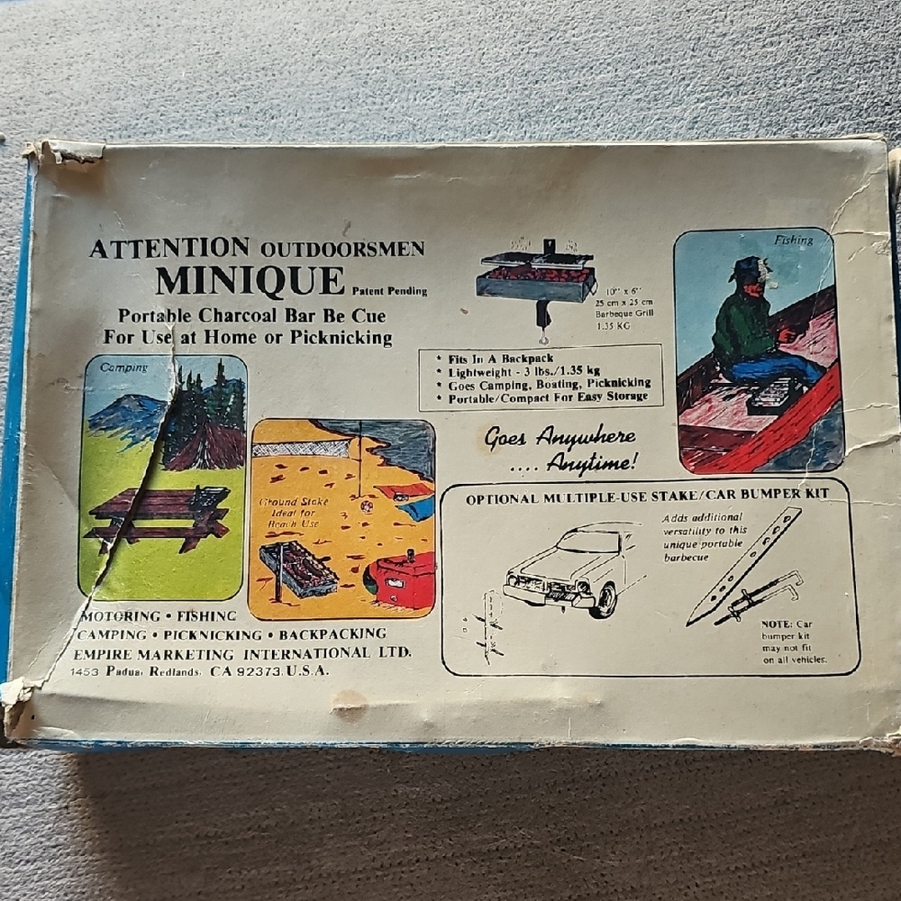 Vintage Rare Attention Outdoorsmen Minique Portable Charcoal Bar Be Que Tote I